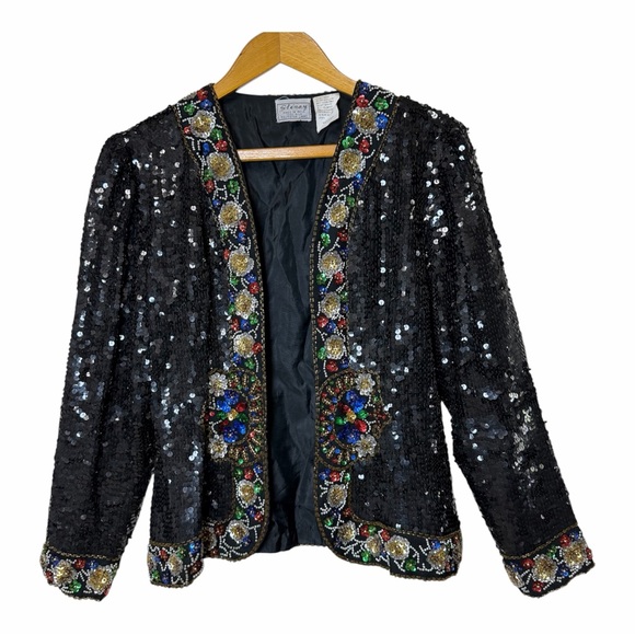 Stenay Jackets & Blazers - Floral Maximalist Sequin Beaded Jacket S Black Silk Vintage Stenay Whimsigoth
